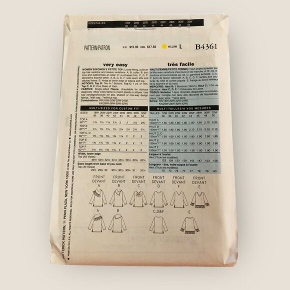 Butterick Sewing Pattern B4361 Women's Tunic Top Size 18W-24W - Picture 2 of 2